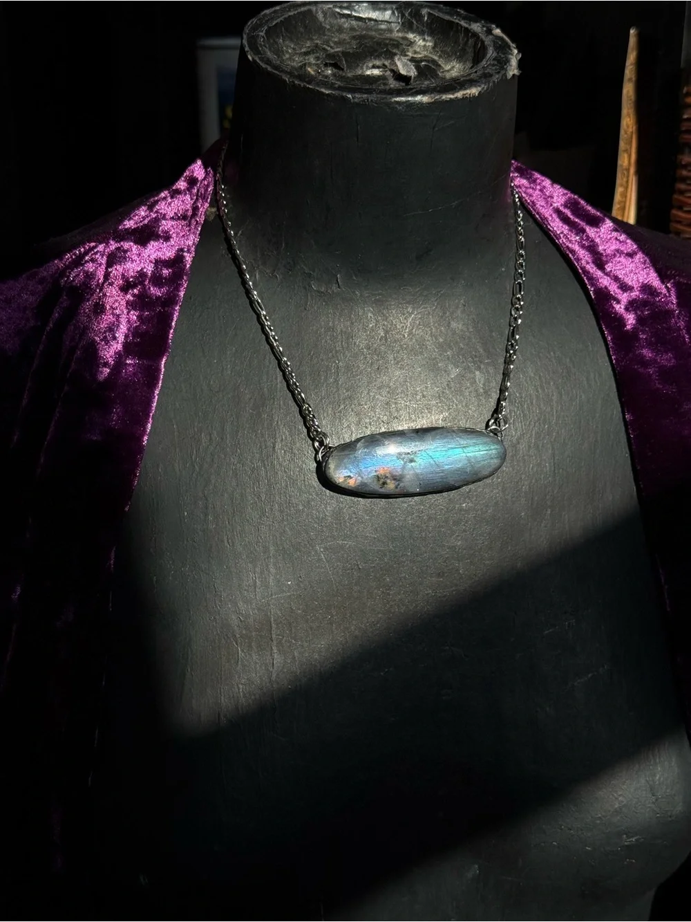 Labradorite Bar Pendant Necklace statement jewelry for protection 3rd eye chakra